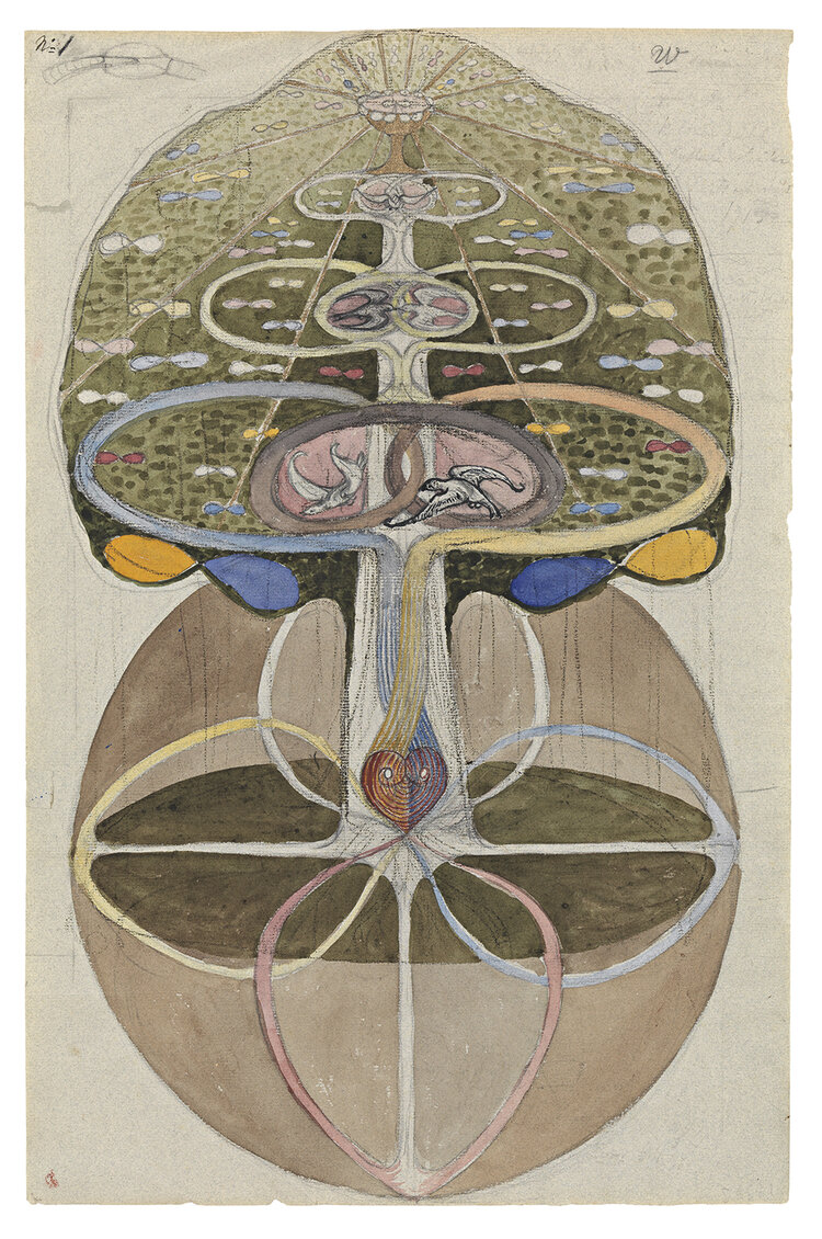 Hilma af Klint, Tree of Knowledge , No 1, The W Series, 1913. Watercolour, gouache, graphite and metallic paint on paper. By the courtesy of the Hilma af Klint Foundation. Photo: Modern Museet, Stockholm