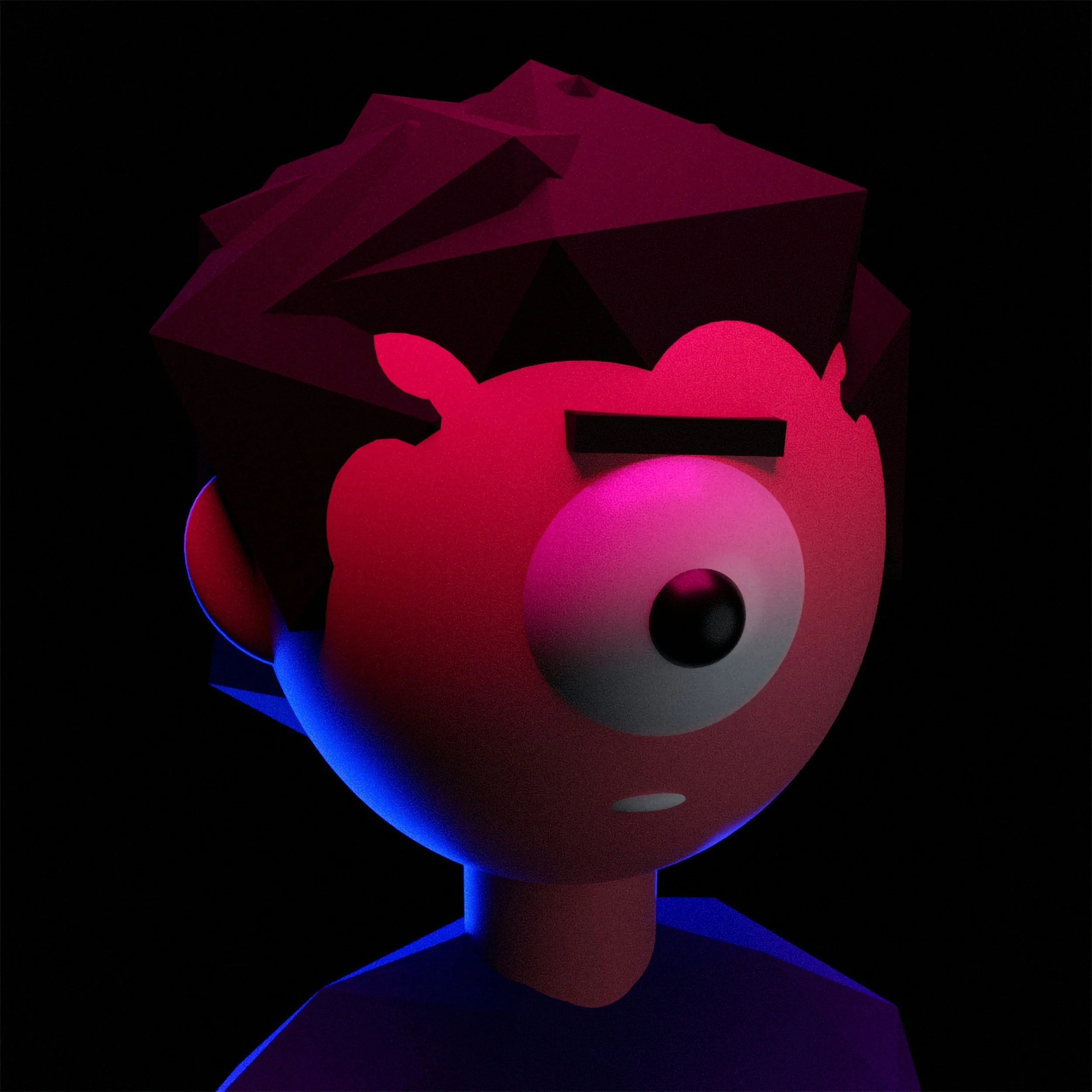 A lit bulb with a cartoonish face, glowing pink, with dark bug-like eyes and black eyebrows, surrounded by a dark background.
