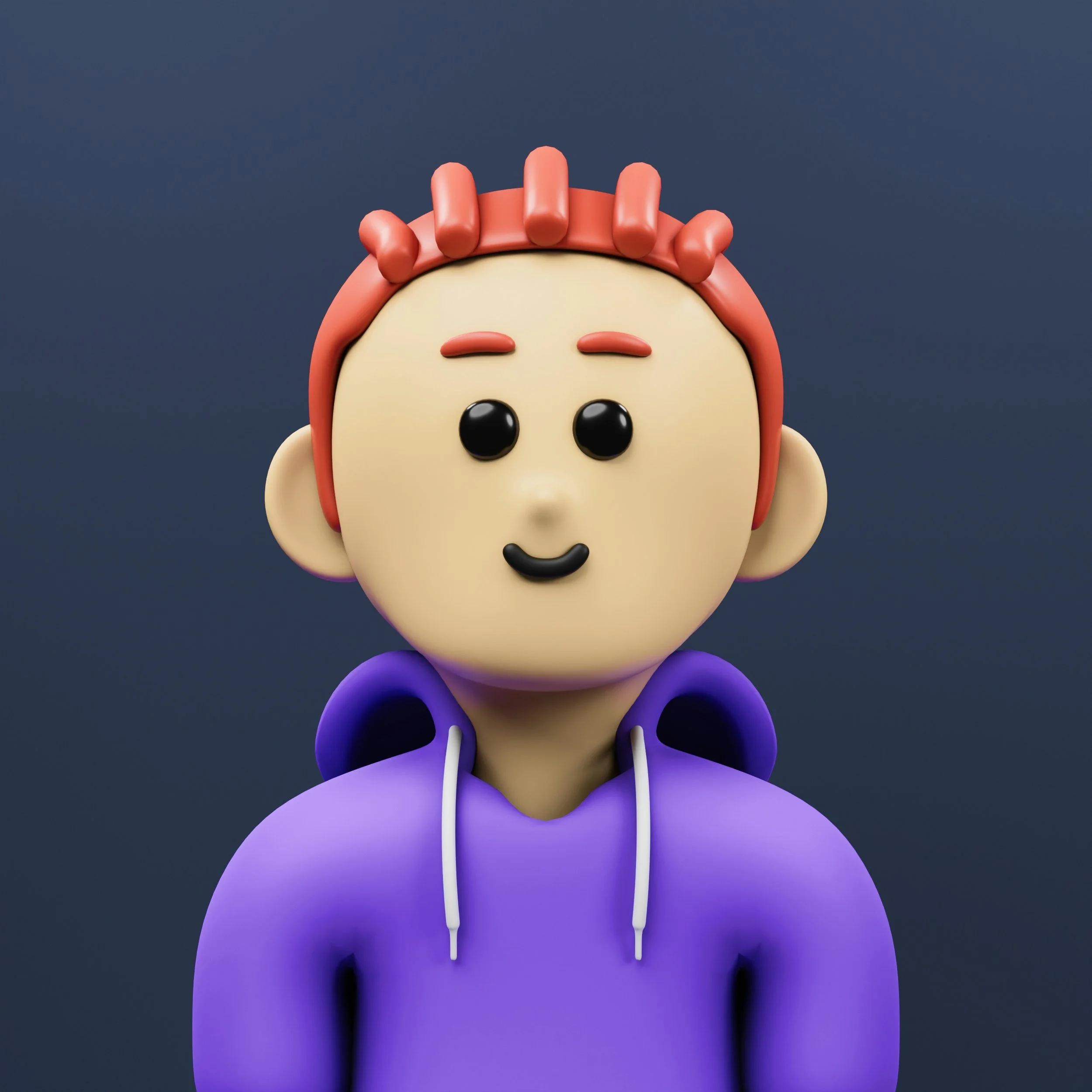 A stylized, cartoon-like 3D figure with a beige face, black eyes, red eyebrows, and a small black mouth, wearing a red headpiece with five rounded, elongated shapes resembling a mohawk or crown, a purple hoodie, and purple pants, against a dark background.