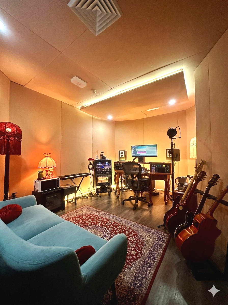 A music recording studio with a beige wall, wooden ceiling, and warm lighting. Contains a recording console, computer monitors, speakers, and musical instruments including three guitars standing on a rack. There is a vintage-style sofa in front of a patterned rug, a standing lamp with a fringed shade, and a keyboard on a stand to the left.