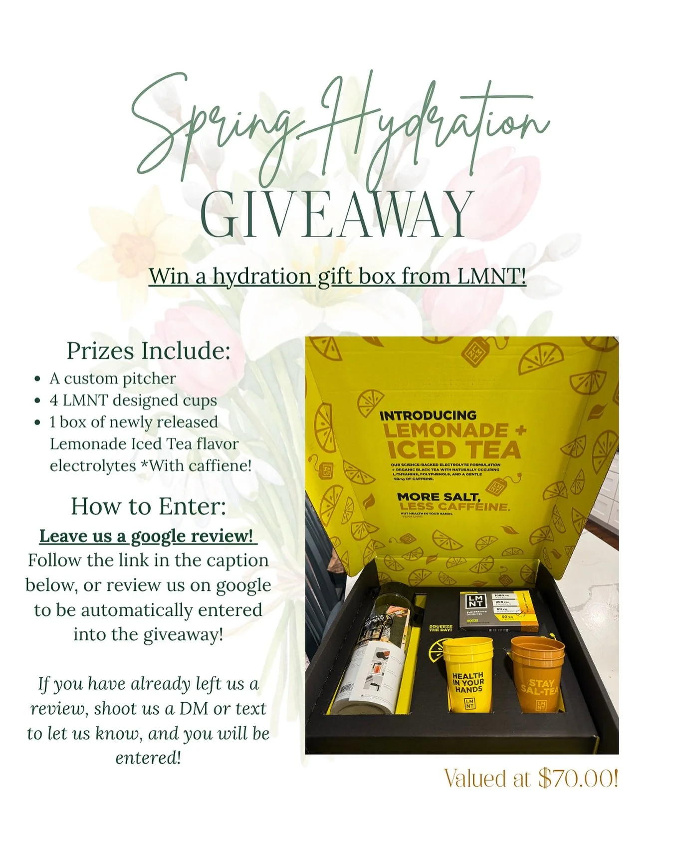 Love your experience at our office? Let others know! 🙌

Leave us a Google review for a chance to win a FREE box of LMNT Iced Tea along with an awesome pitcher &amp; custom cups!⚡🧊

Good reviews make a HUGE difference for small businesses like ours 