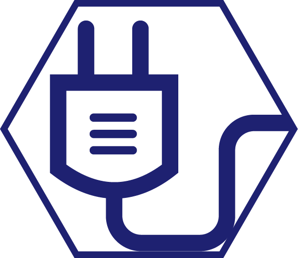Electric plug sighted inside a hexagonal badge. Electrical Division logo.