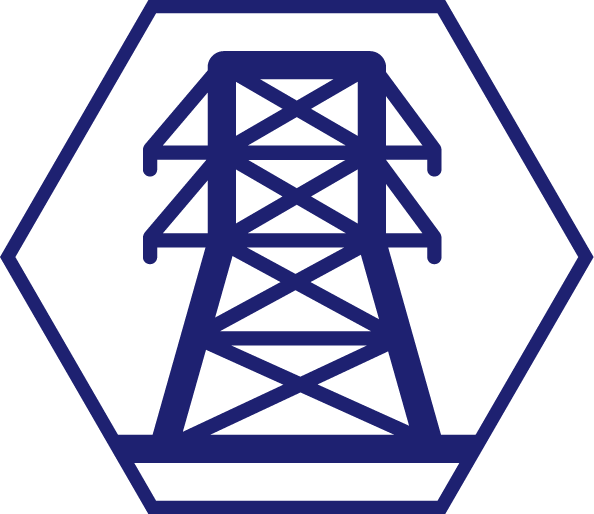 Outline drawing of an electrical power transmission tower within a hexagon. Utility Division logo.