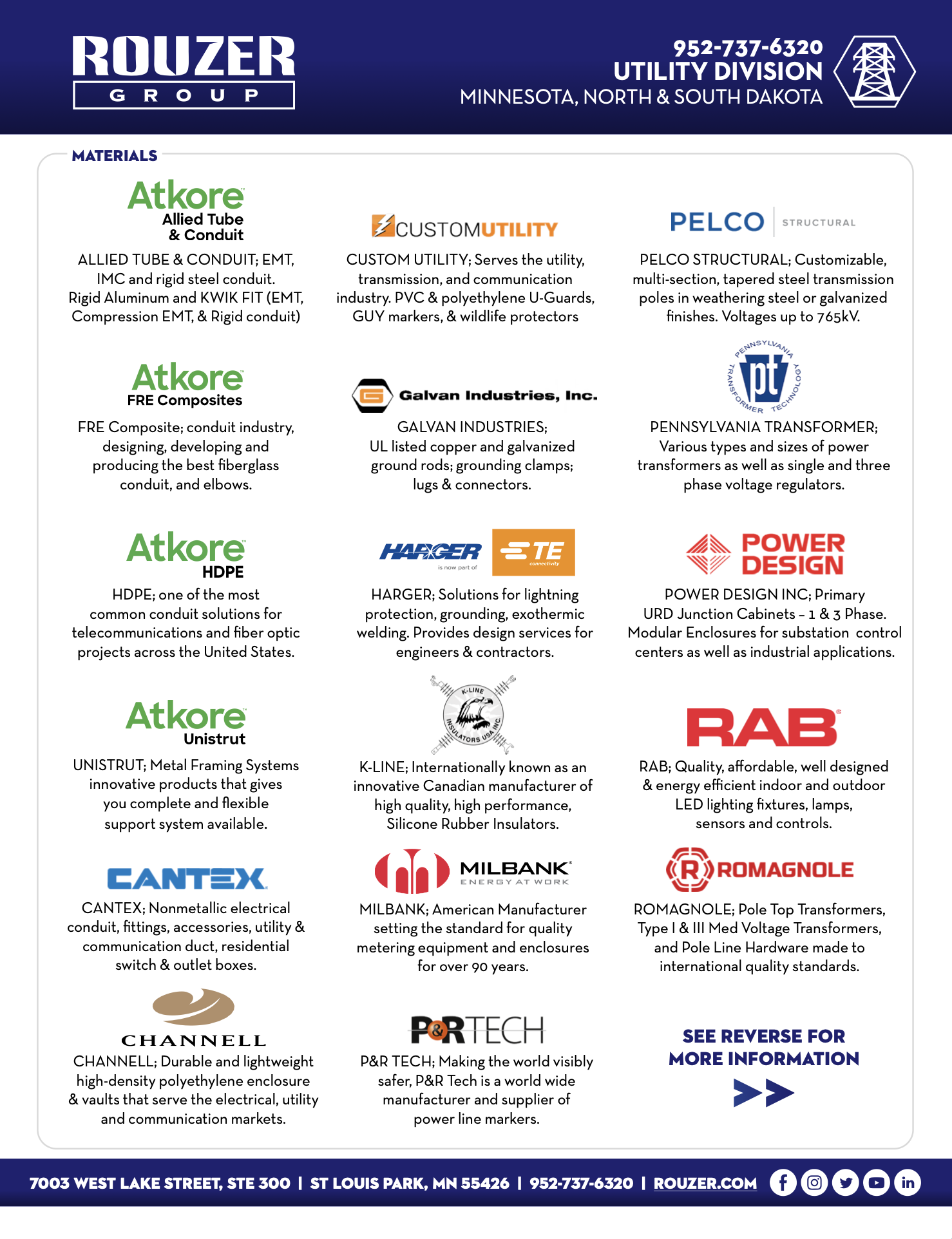 Utility company advertisement with logos and descriptions of materials and equipment including Atkore, Custom Utility, Pelco, Galvan Industries, Pennsylvania Transformer, HDPE, Harger, Power Design, Unistrut, K-Line, RAB, CANTE, MILBANK, Romagnole, Channell, P&R Tech, and a note to see reverse for more information, contact information, and social media icons.