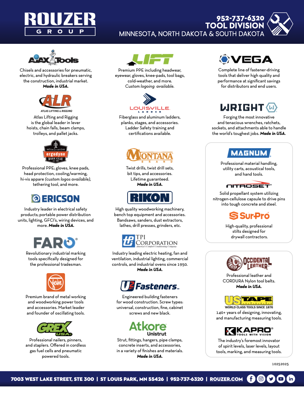Business flyer for Rouzer Group, featuring logos and descriptions of tools and equipment brands including AX Tools, Lift, VEGA, ALR, Louisville, Wright, Montana, Magnum, ERICON, RIKON, FARO, TPI, Fasteners, SurPro, Grex, Atkore, Occidental Leather, US Tape, and Kapro. Contact information and location of the company.