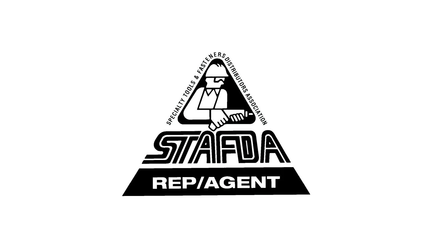 Black and white logo for the Specialty Tools & Fasteners Distributors Association featuring a cartoon figure with glasses holding a tool, with the text "STAFA" and "REP/AGENT".