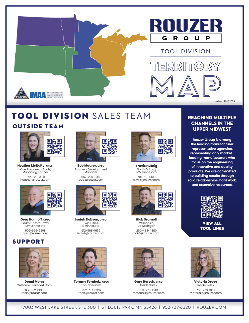Rouzer Group tool division line card with represented company logos, product descriptions, a map of Minnesota, North Dakota, South Dakota, wisconsin, UP of michigan, and iowa and account manager contact information