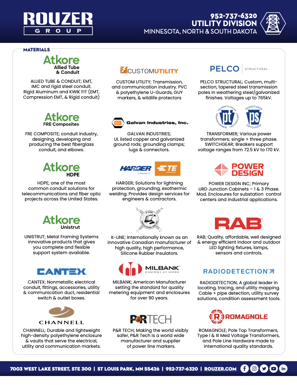 A line card from Rouzer Group's utility division in Minnesota, North & South Dakota, displaying various electrical and utility materials, products, and manufacturers.