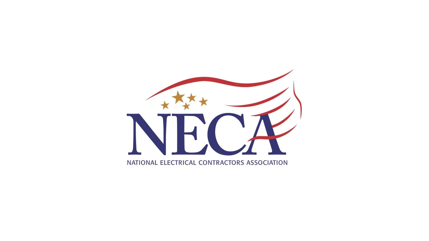 Logo of the National Electrical Contractors Association with stylized red, white, and blue wave lines, five gold stars, and the acronym NECA.