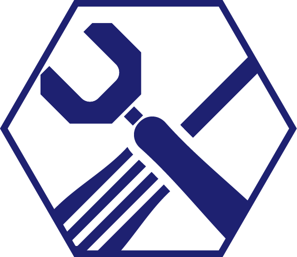 A hazardous materials symbol with a hand holding a wrench inside a hexagon. Tool Division logo.