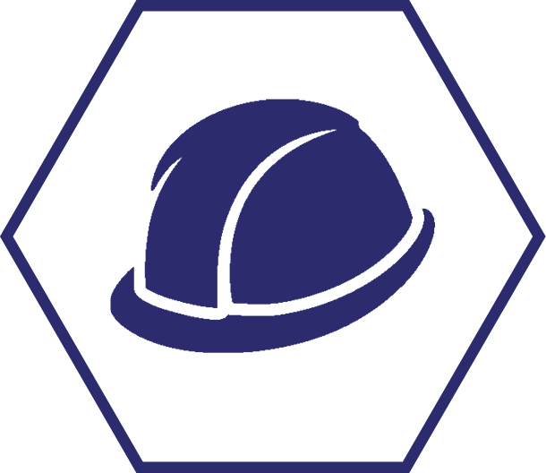 Icon of a construction safety helmet inside a hexagon border. Demand Creation division logo.