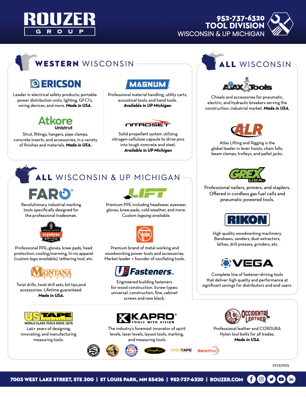 Business advertisement for Rouzer Group, a tool division in Wisconsin and Michigan, listing various brands and products related to industrial tools and equipment.
