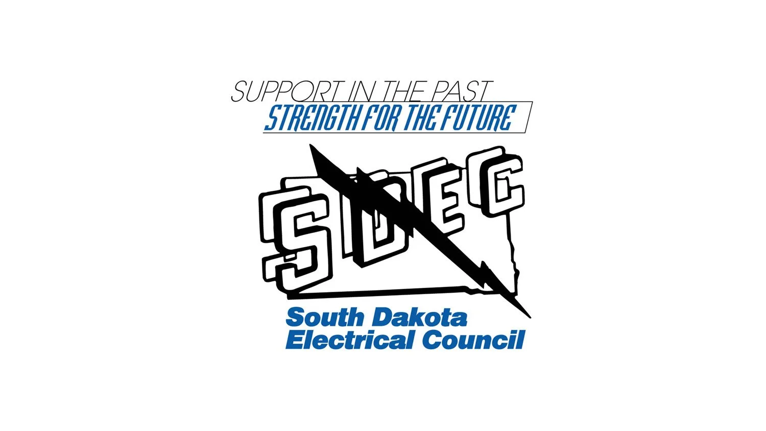 Logo for the South Dakota Electrical Council with the slogan 'Supporting the Past, Strength for the Future' and a lightning bolt crossing the letters 'SD EC' in black and white.