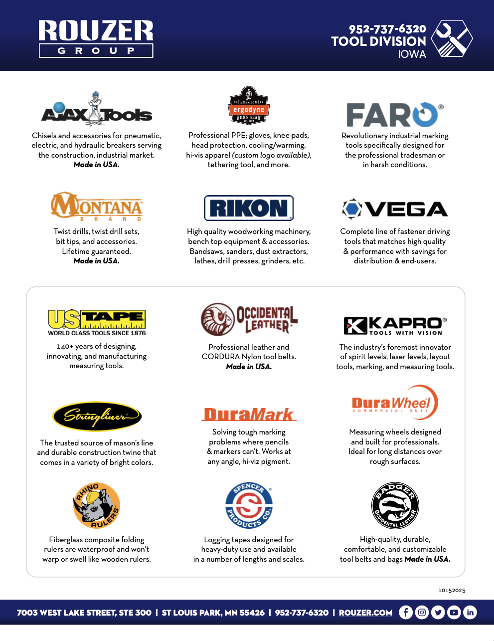 A flyer from Rouzer Group Iowa Tool Division featuring logos and descriptions of various tools and brands including Ajax Tools, ergodyne, Faro, Montana, Rikon, Vega, US Tape, Occidental Leather, Kapro, Springliner, DuraMark, DuraWheel, Rhino Rulers, Spencer, and Badger, with contact information at the bottom.