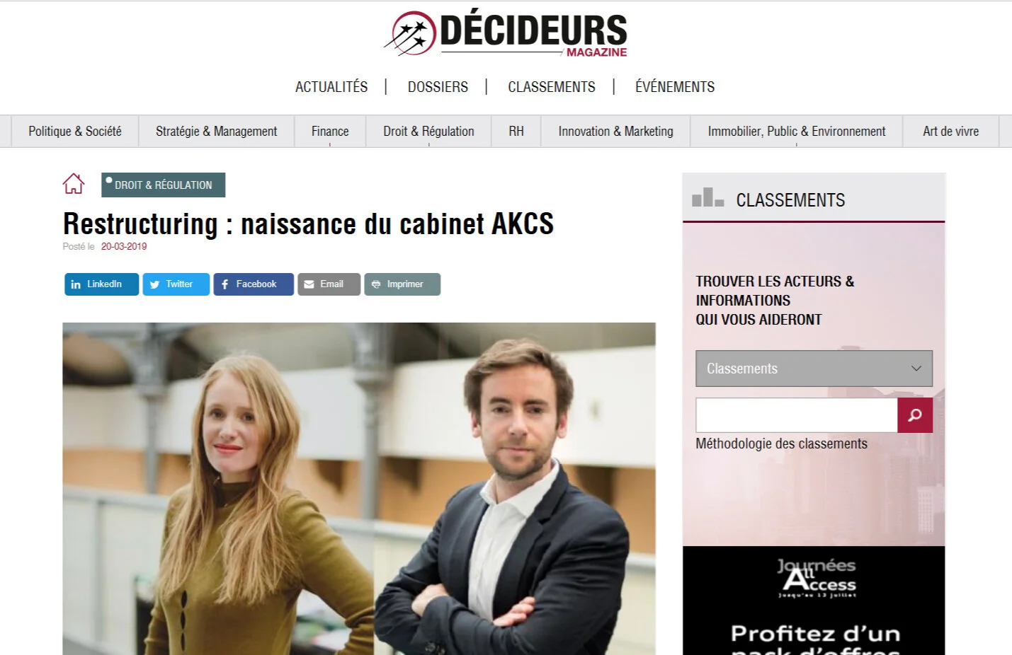 La naissance d’AKCS Avocats dans le magazine Décideurs — AKCS Avocats