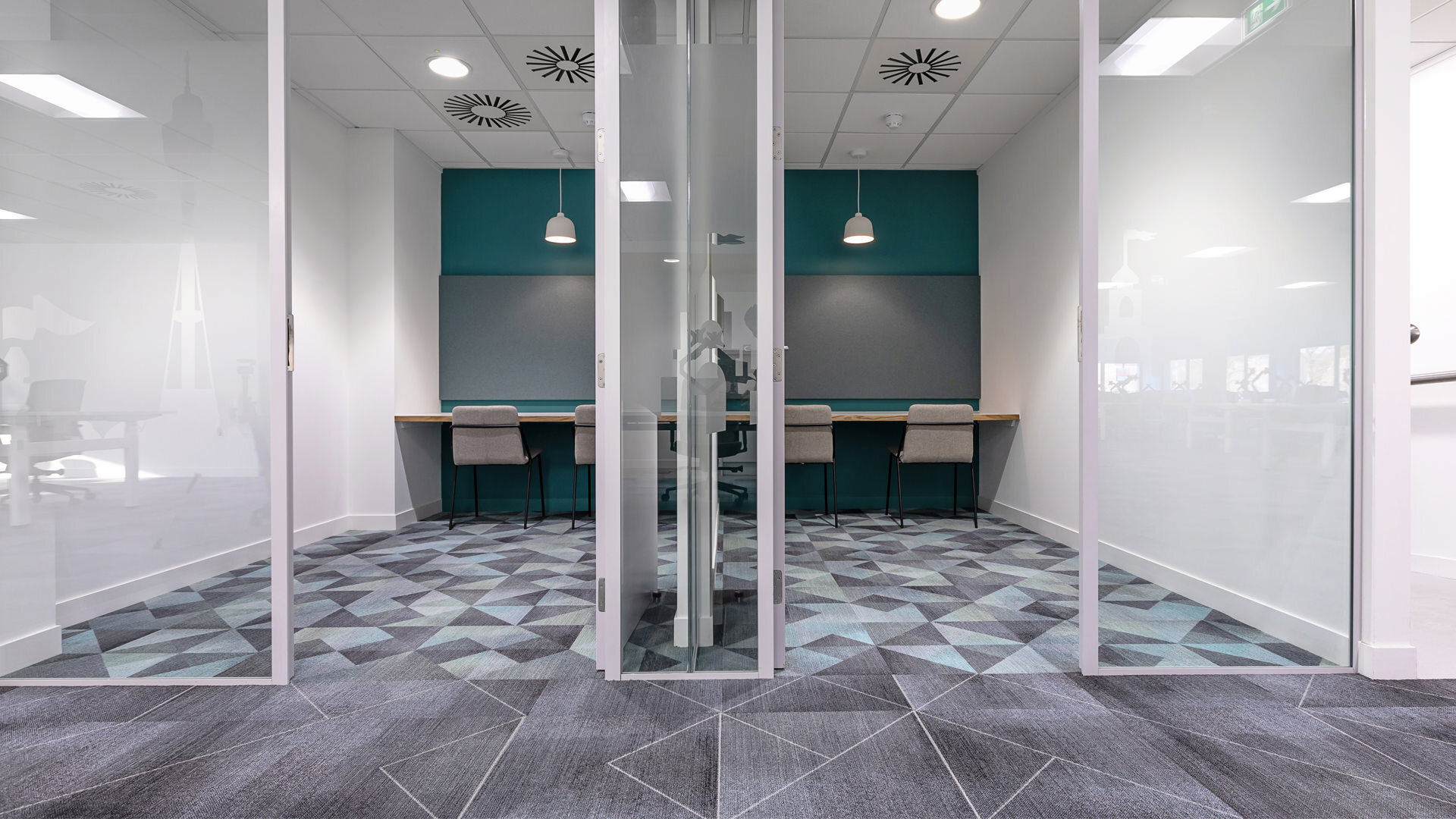 office workplace design quiet phone booths vc meeting room glazing interior