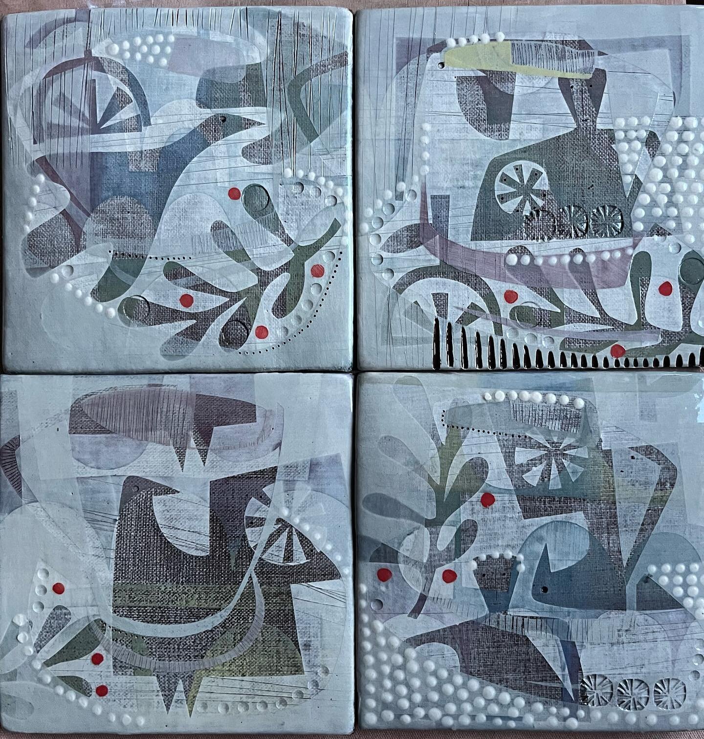 I like the &lsquo;wintery&rsquo; colours of these tiles fresh out the kiln. 

#ceramictiles 
#handmadetiles 
#pottery
#ceramics
#midcenturymodern 
#folkart
#illustration