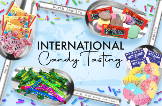 International Candy Tasting featuring candy-filled scoops over a world map