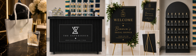 Luxury fragrance bar activation with custom event branding, perfume displays, and guest favors
