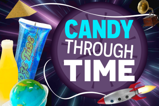 Candy Through Time tasting graphic with novelty sweets, a clock, and time-travel illustrations
