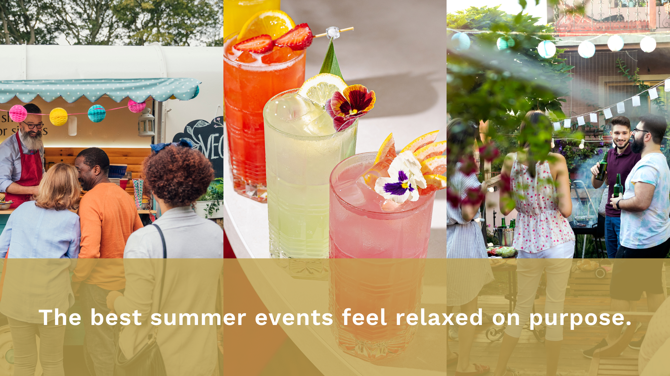 Collage featuring a summer food truck gathering, colorful mocktail drinks, and an outdoor social event with string lights and guests mingling.