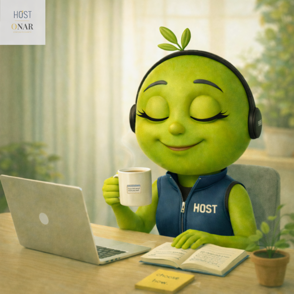 Olive Pique, HOST Events mascot, sitting at a desk with a laptop and notebook, wearing headphones and holding a coffee mug, representing calm focus and intentional presence at work.