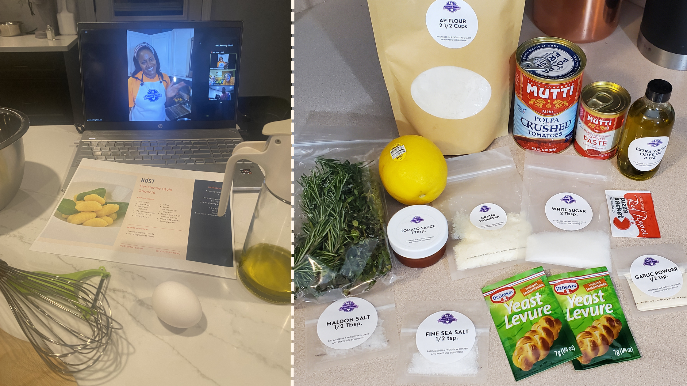 Virtual chef class setup featuring a live cooking instructor on screen alongside a delivered ingredient kit prepared for a remote team experience.