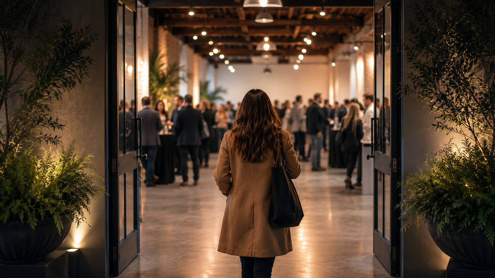 Guest entering a corporate event space while attendees gather inside, illustrating how experiences are viewed differently from the participant's perspective.