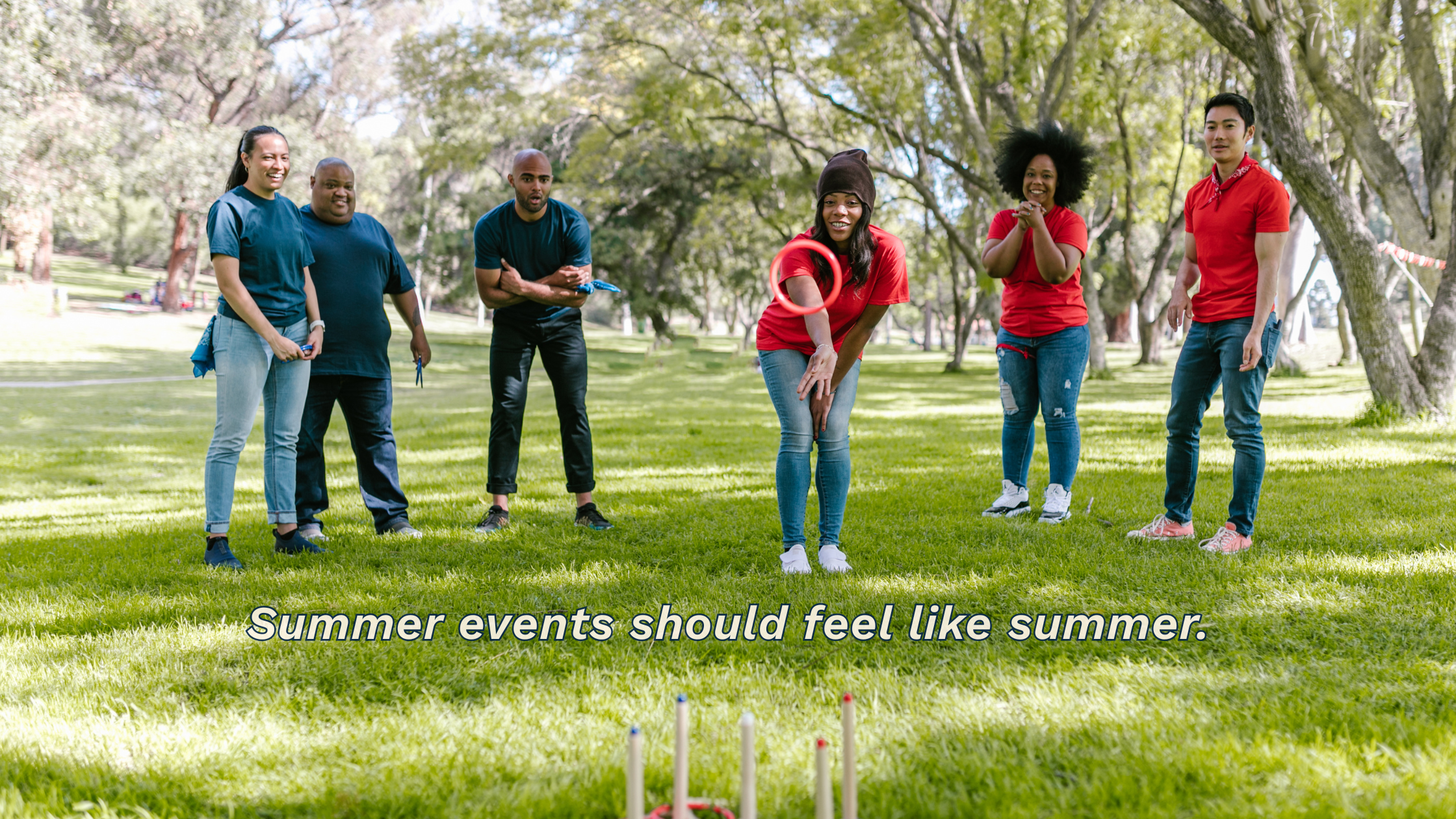 Employees participating in outdoor lawn games during a colorful summer company event in a park setting with overlay text reading “Summer events should feel like summer.”