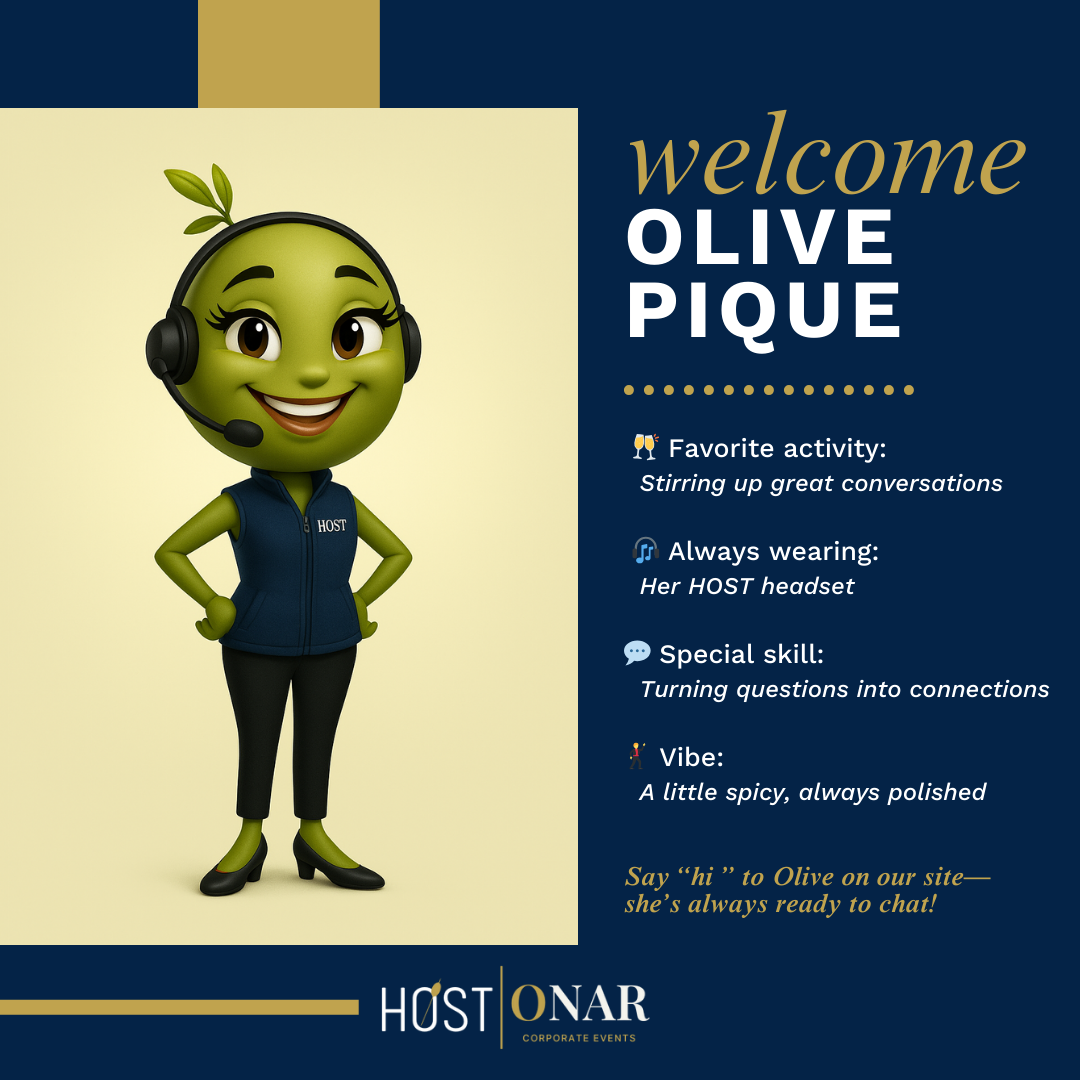 Host Events' AI Virtual Assistant and Chatbot, Olive Pique with her headset, Host Vest, and her brief bio