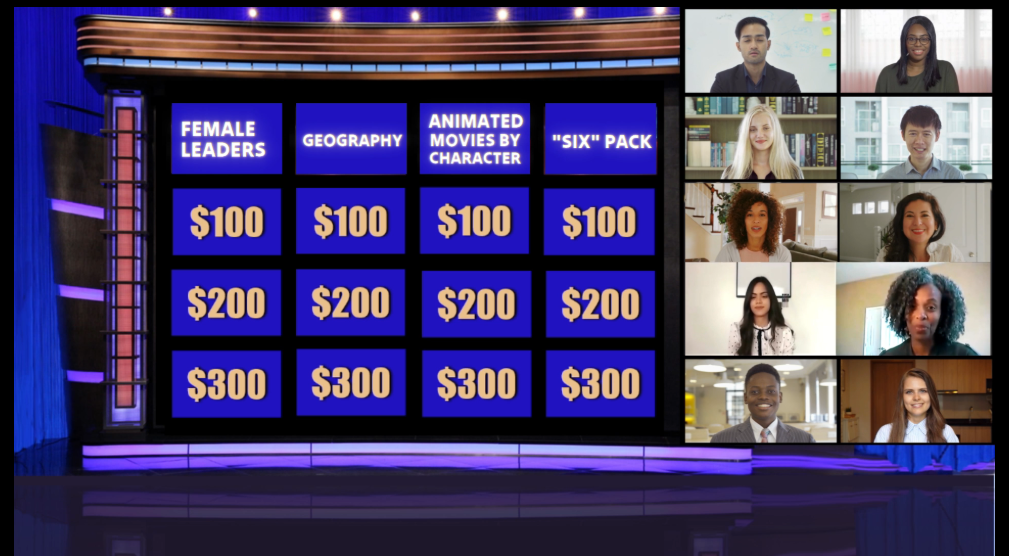 Quiz board with categories Female Leaders, Geography, Animated Movies by Character, "Six" Pack, and video call participants