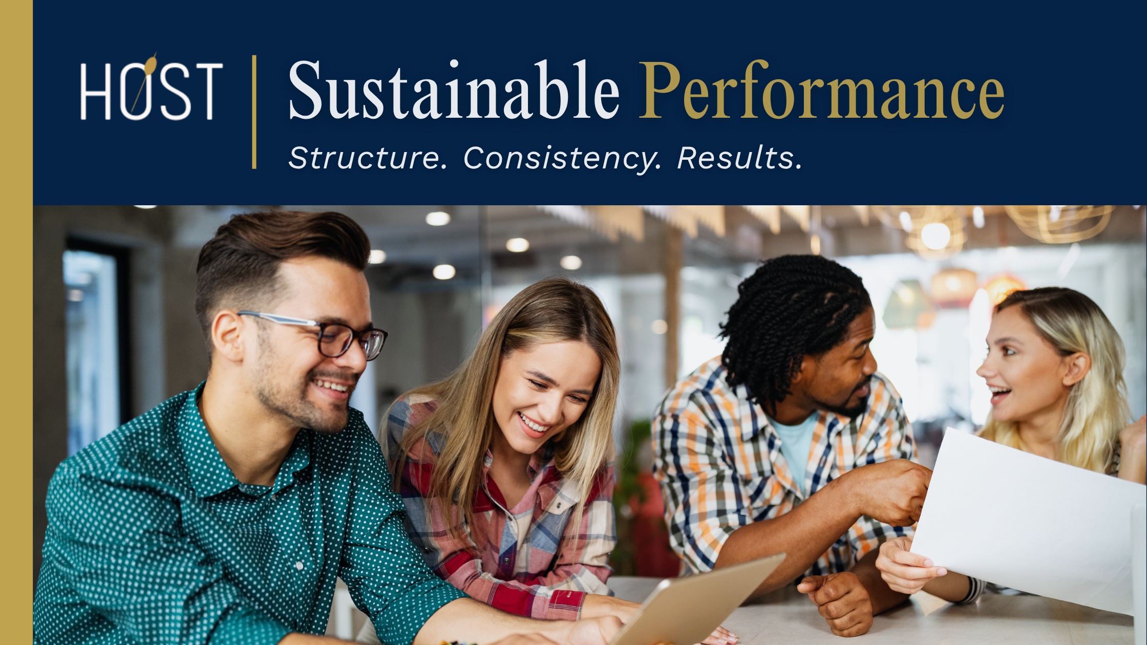 HOST Events branded image showing a diverse team collaborating and reviewing materials in a modern office setting, representing connection, engagement, and the role of structured systems in driving sustainable workplace performance.