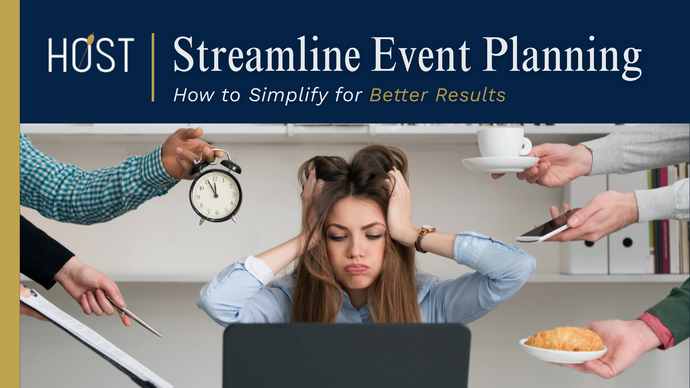 Event planner feeling overwhelmed at a desk with multiple demands, representing the challenges of event planning and the need for streamlined execution.