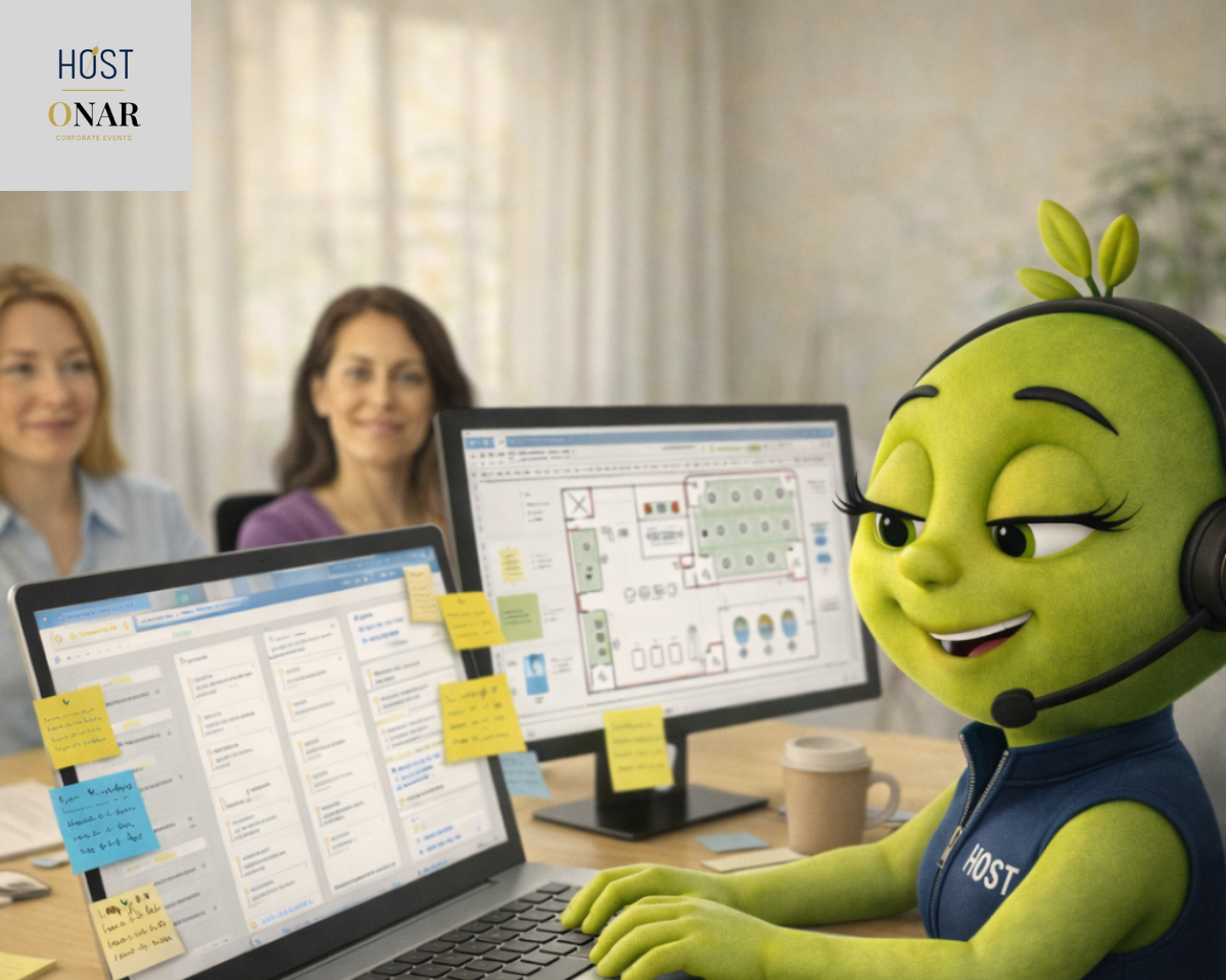 Olive Pique, HOST Events’ green olive mascot, wearing a headset and HOST vest, works at a desk reviewing engagement plans on a laptop and monitor, with team members collaborating in the background in a modern office setting.