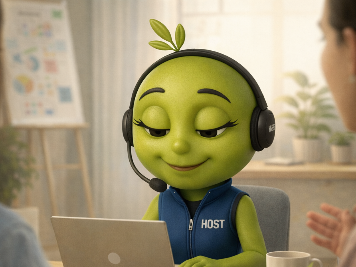 Olive Pique, the HOST Events mascot, listening attentively during a workplace conversation at a desk, representing presence, focus, and thoughtful communication.