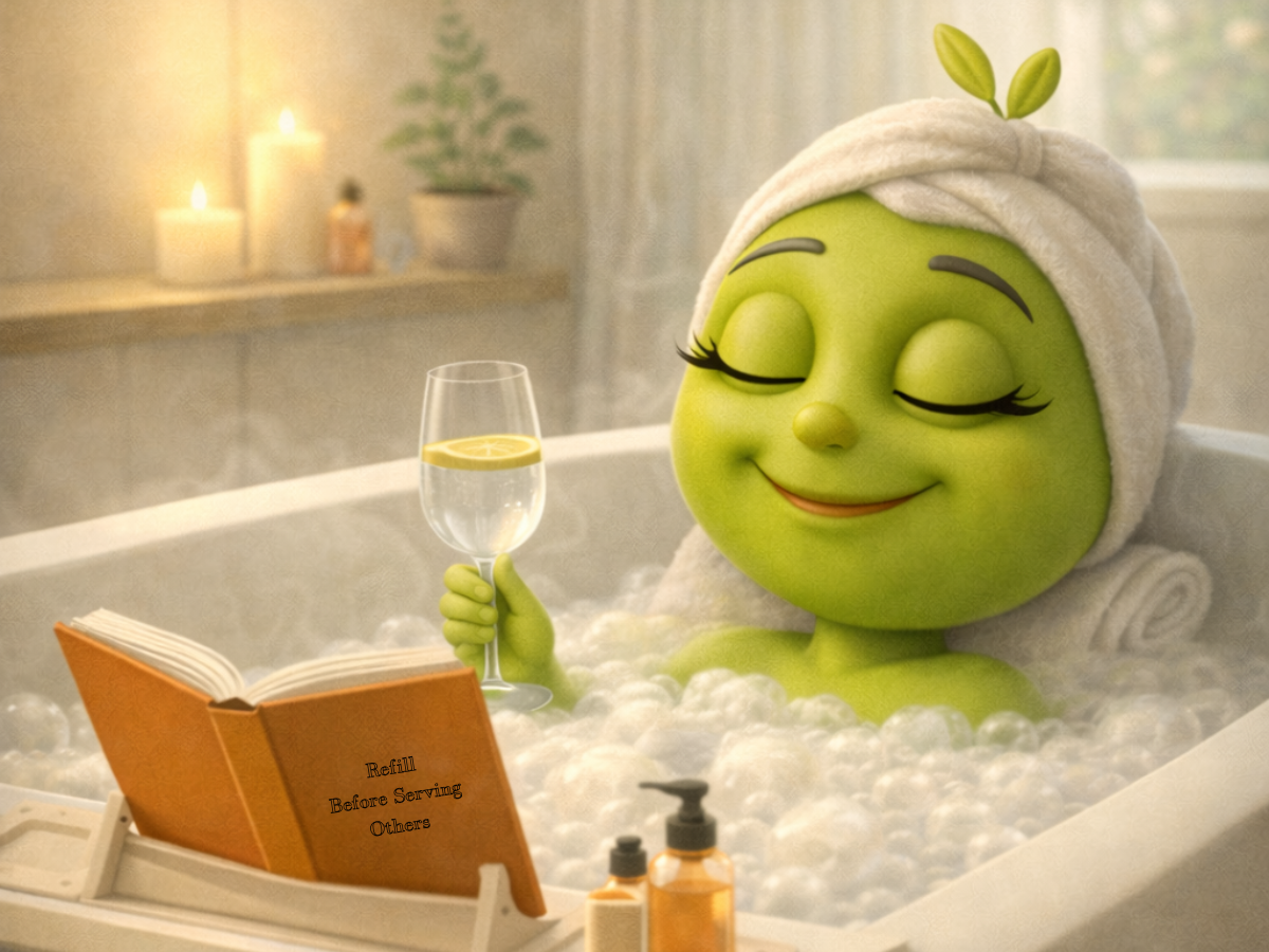 Olive Pique, the HOST Events mascot, relaxing in a bubble bath with a book and a glass of water, representing rest, care, and mindful momentum.