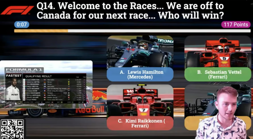 Trivia game slide about Formula 1 race predictions for Canada, featuring options to choose between drivers Lewis Hamilton, Sebastian Vettel, and Kimi Raikkonen, with a leaderboard and qualifying results displayed.