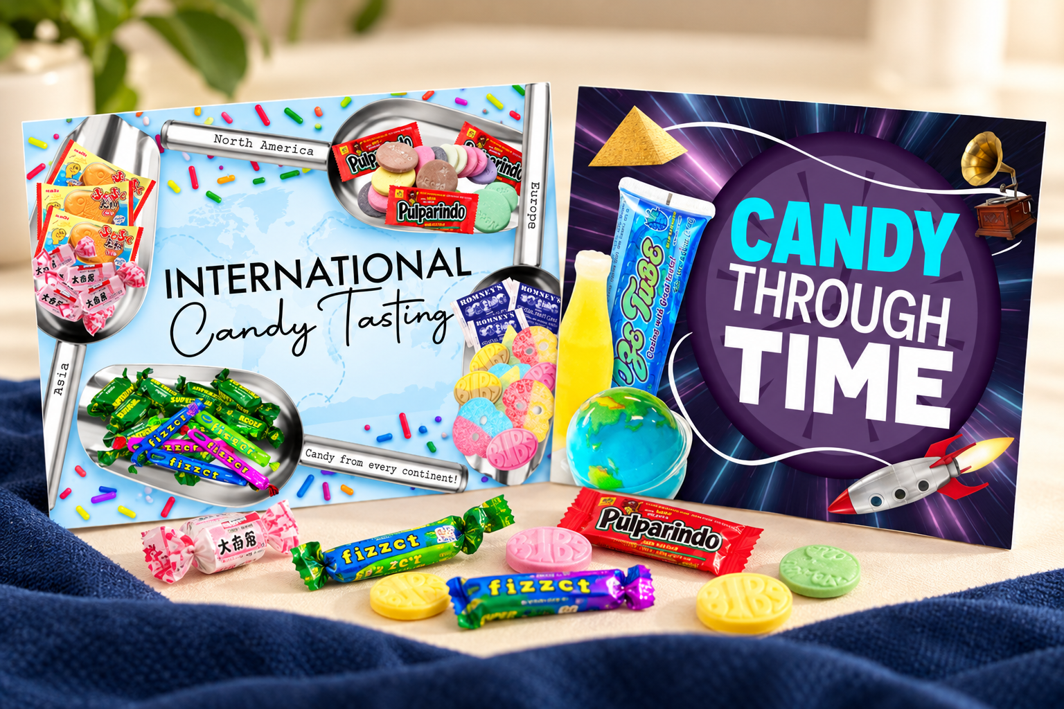 International Candy Tasting and Candy Through Time themes displayed with colorful sweets
