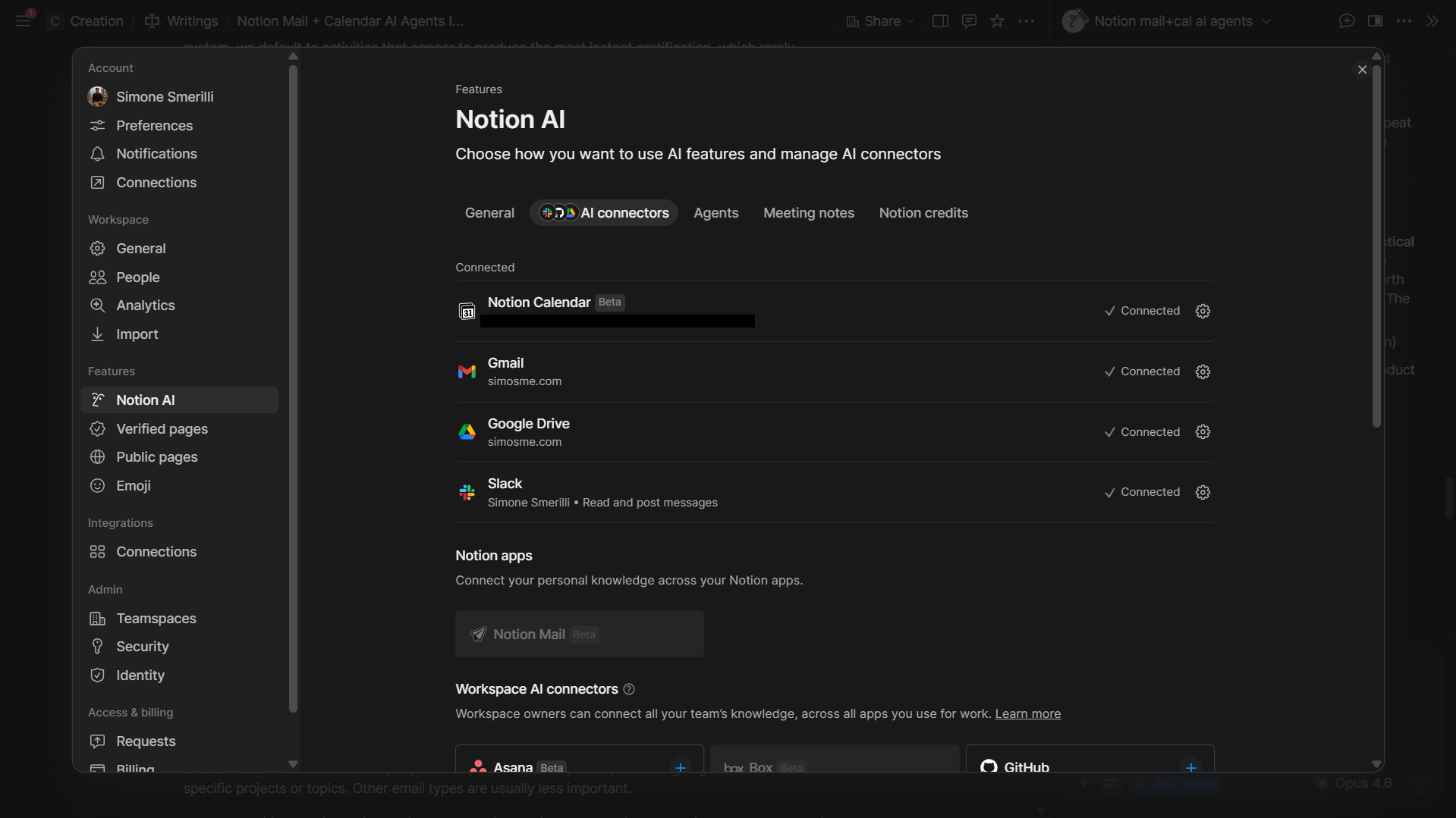 Notion AI connectors, including calendar and email, available under Settings > Notion AI