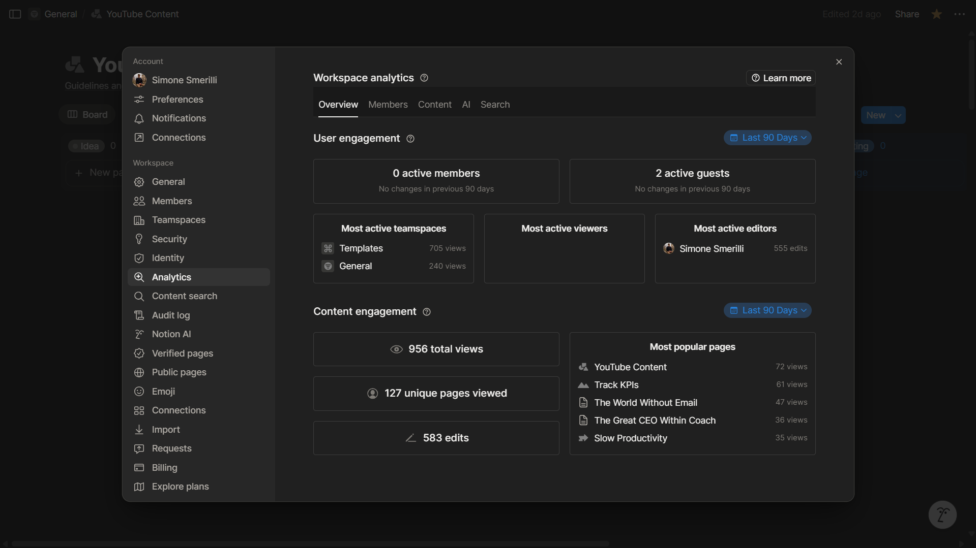 The “Overview” tab of workspace analytics shows some aggregate metrics, which can be further analyzed in the other tabs (Members, Content).