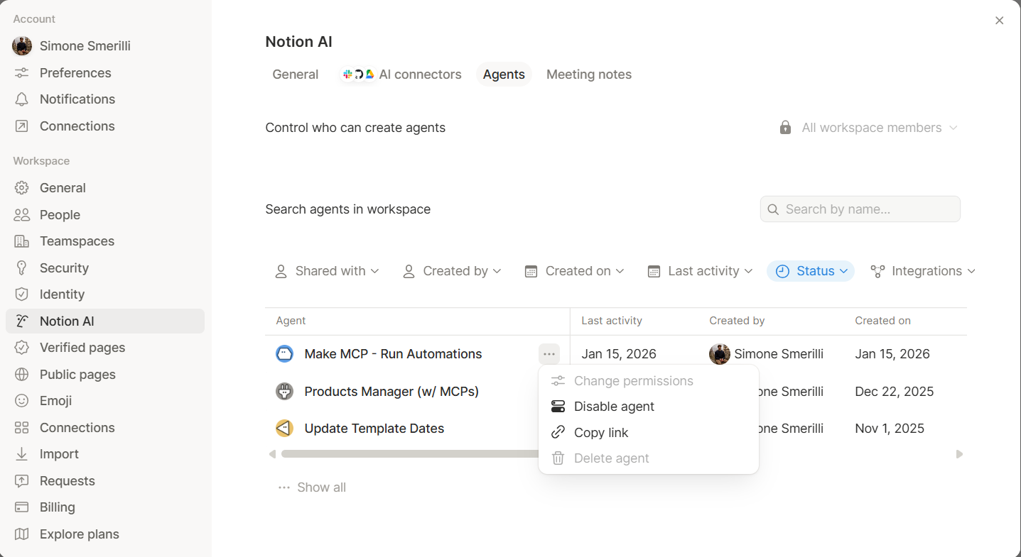 The Agents settings tab provides centralized agents management for the workspace (some features are limited to the enterprise plans).