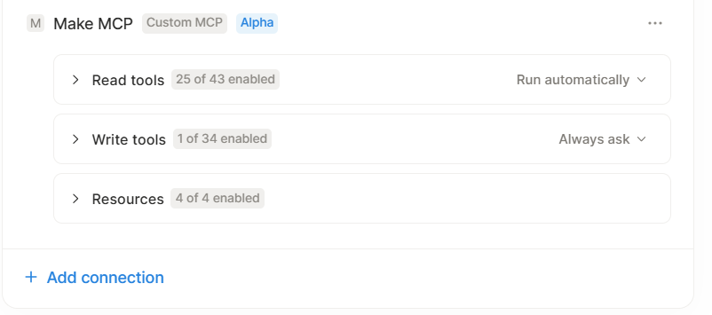 Example [Make MCP server](https://developers.make.com/mcp-server) connected to a Notion custom agent.