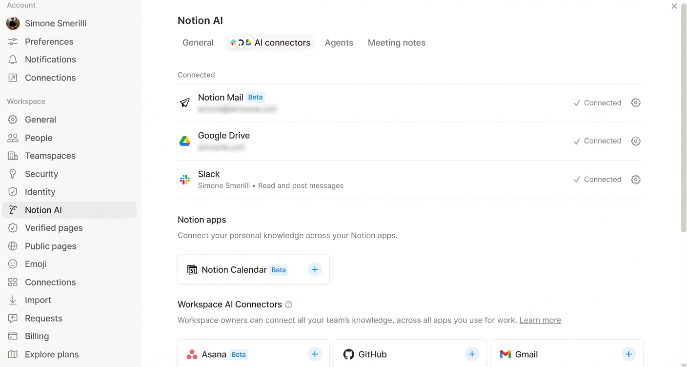 The AI Connectors settings tab allows you to connect third-party tools for custom agents use. You can also turn off the ability to connect MCP servers at the workspace level here.