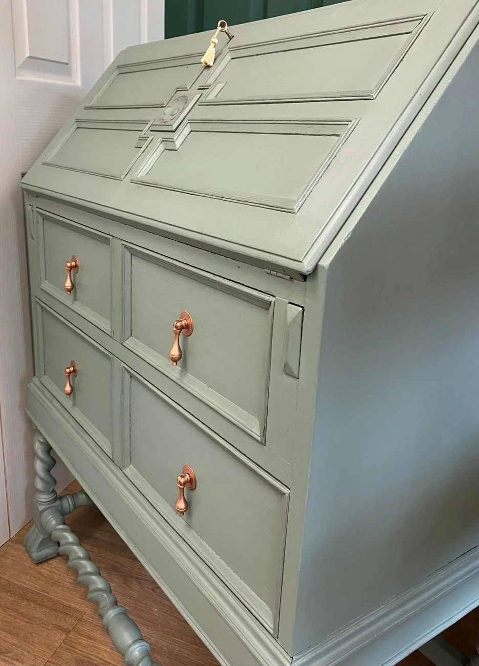 Sage Green Painted Antique Barley Twist Solid Oak Bureau Writing Table