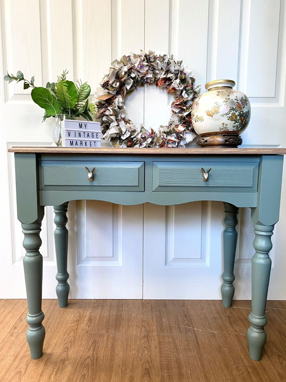 Refurbished traditional farmhouse style pine console table, desk, dressing table or small table sage green