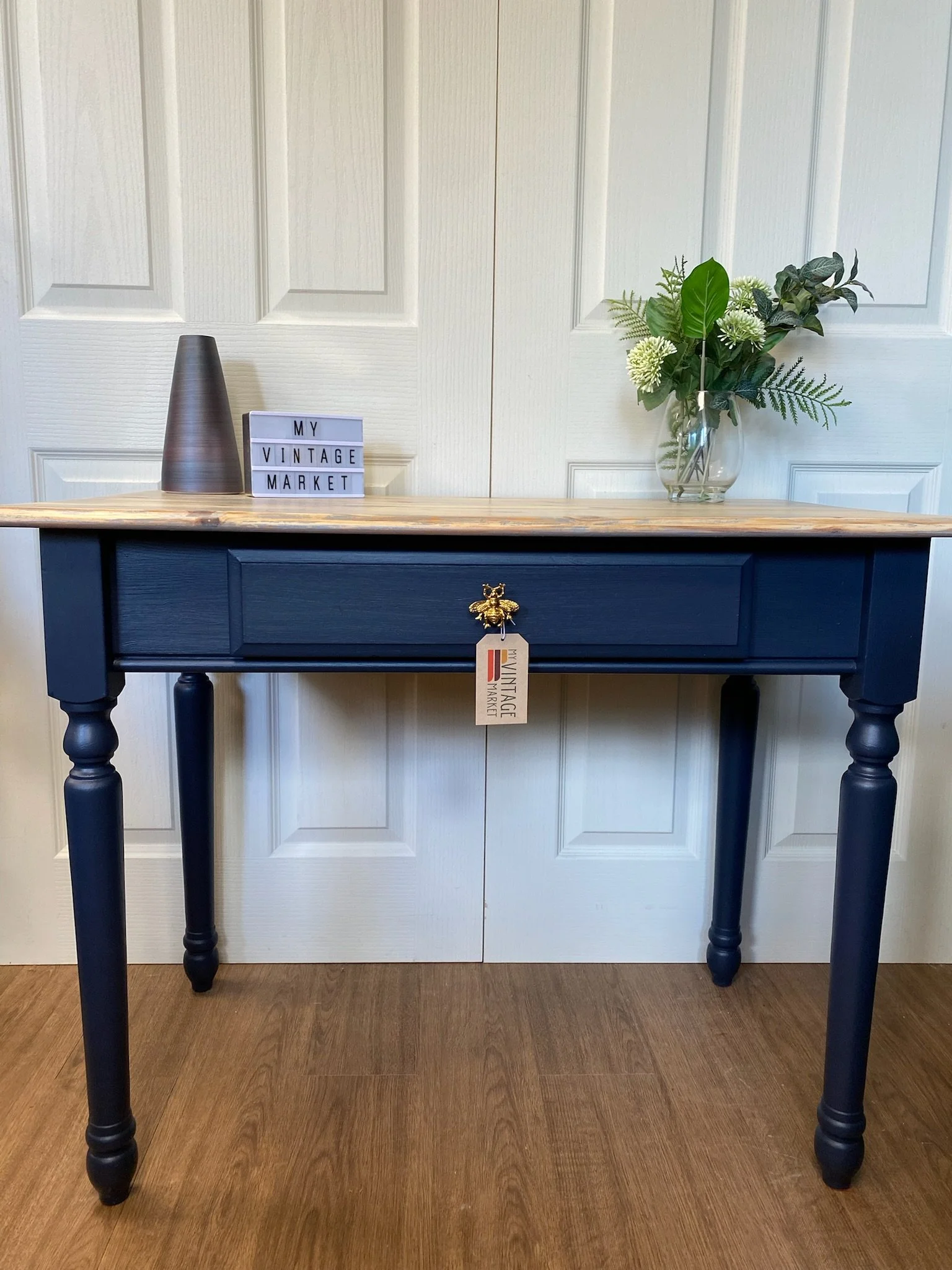 Refurbished pine console table painted in petrol blue