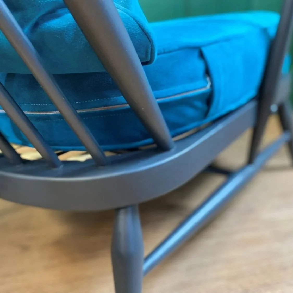 Refurbished mid century vintage Ercol Windsor armchair grey frame teal blue green velvet