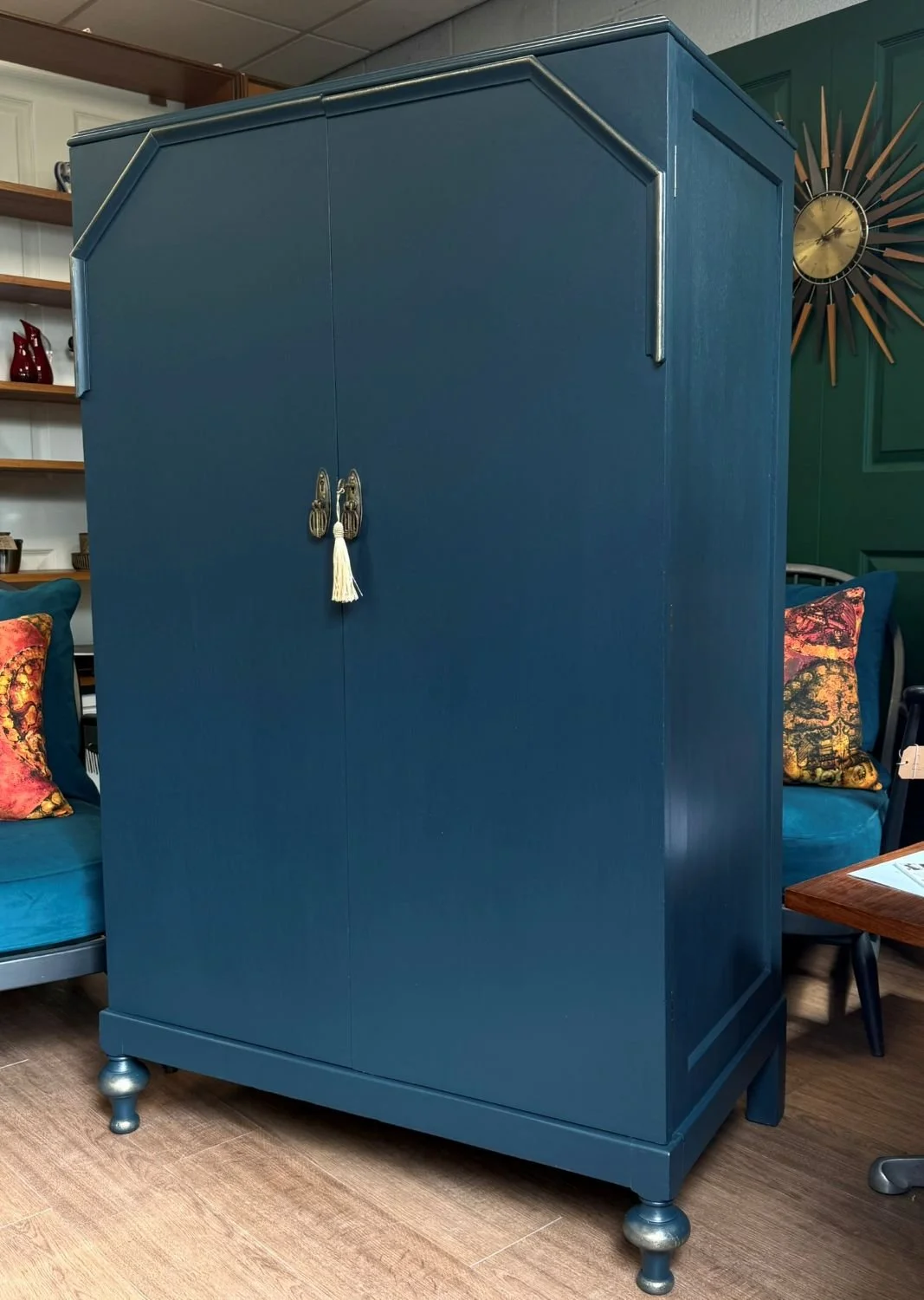 Refurbished Vintage 1930s Gentleman's Wardrobe Linen Cupboard Linen Press Petrol Blue