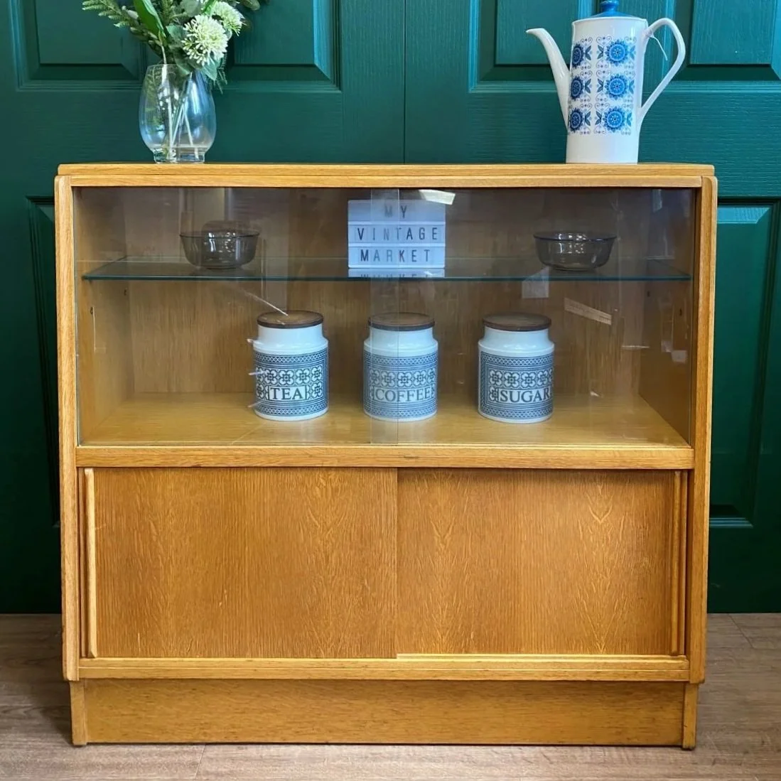 Mid century G Plan E Gomme Brandon glazed cabinet sliding doors light oak