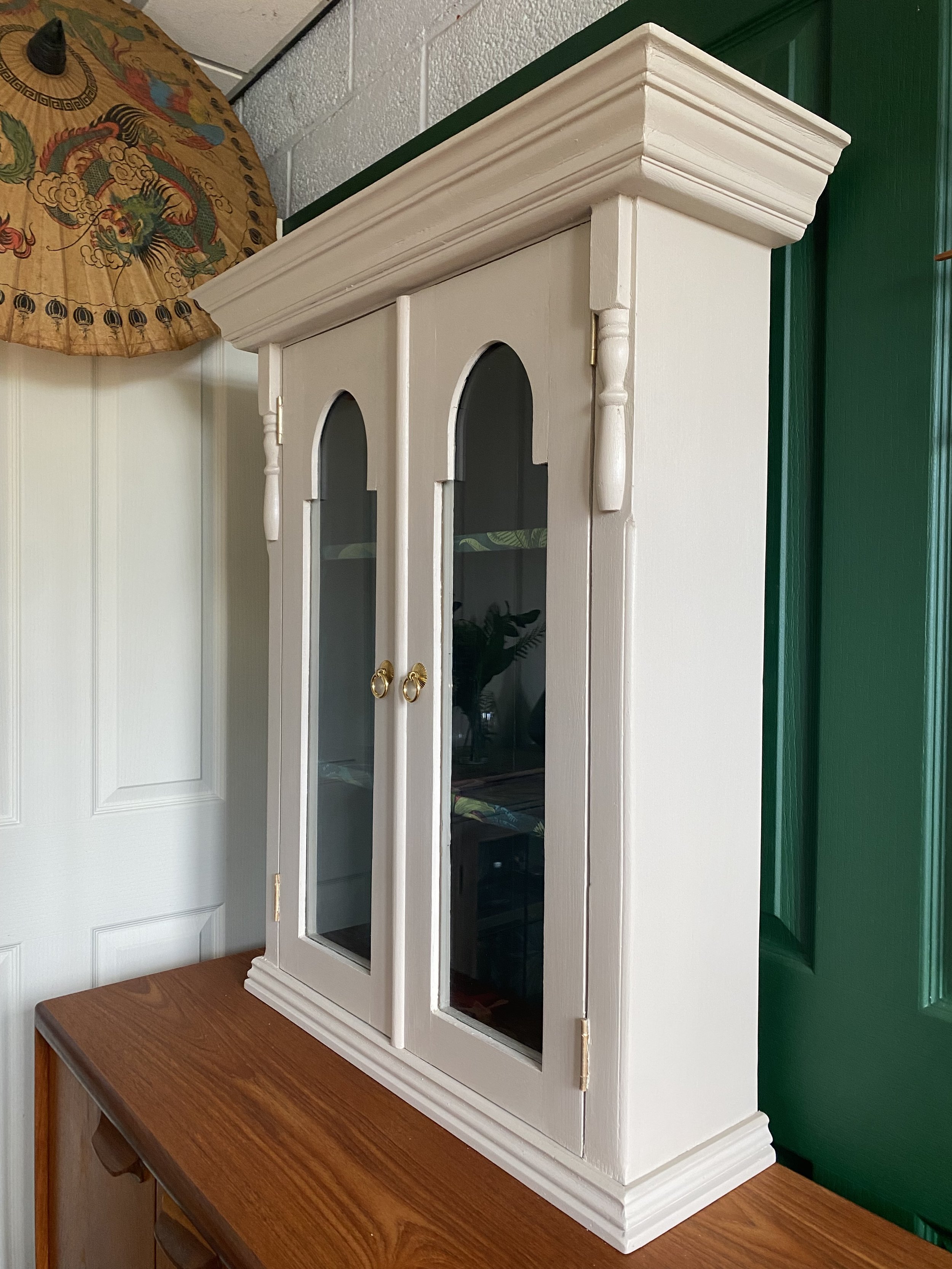 Refurbished vintage pine glazed wall cabinet cream green